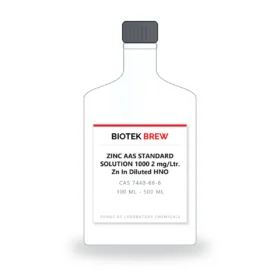 ZINC AAS STANDARD SOLUTION 1000 2 mg/Ltr. Zn In Diluted HNO - BioTek Brew laboratory chemical, CAS 7440-66-6